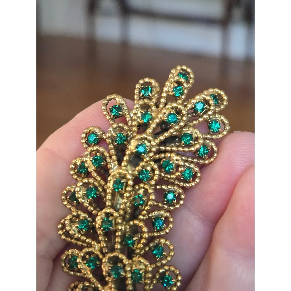 Alice Caviness Emerald Green Peacock Feather Brooch Goldtone Vintage Rare